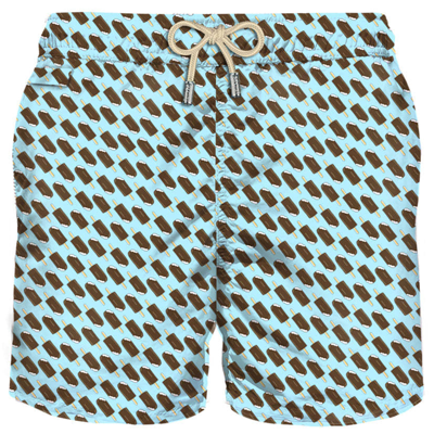 Mc2 Saint Barth Man Light Fabric Swim Shorts With Cremino Print Algida® Special Edition In Blue