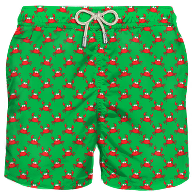 Mc2 Saint Barth Man Light Fabric Swim Shorts With Crab Print In Green