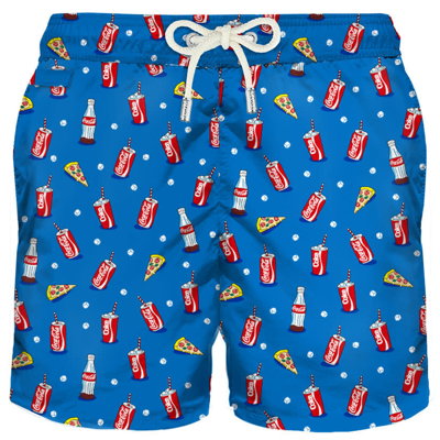 Mc2 Saint Barth Man Light Fabric Swim Shorts With Coca Cola Print Coca-cola® Special Edition In Blue