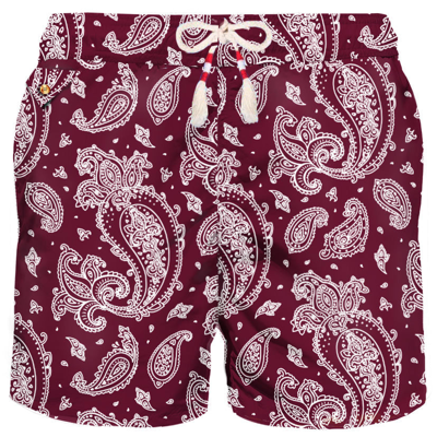 Mc2 Saint Barth Man Light Fabric Swim Shorts With Burgundy Paisley Print In Red