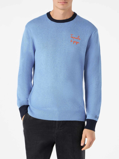 Mc2 Saint Barth Man Light Blue Sweater With Embroidery