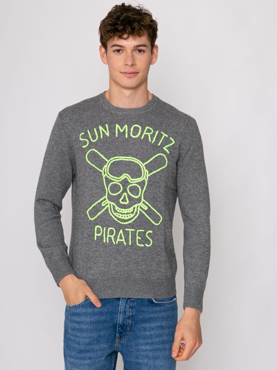 Mc2 Saint Barth Man Grey Sweater Sun Moritz Pirates Fluo Embroidery