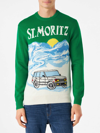 Mc2 Saint Barth Man Crewneck Sweater With Zermatt Postcard Jacquard Print