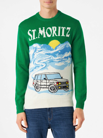 Mc2 Saint Barth Man Green Sweater With St.moritz Postcard Print