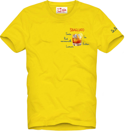 Mc2 Saint Barth Man Cotton T-shirt With Sbagliato Glass Print In Yellow