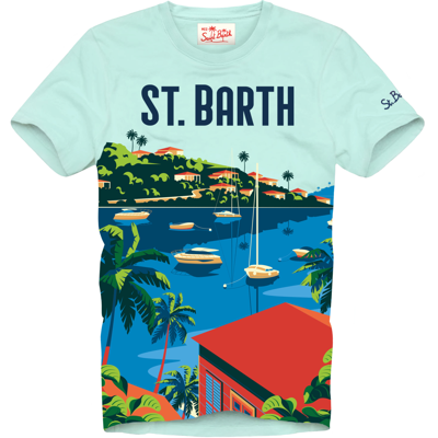 Mc2 Saint Barth Man Cotton T-shirt With Saint Barth Postcard Print In Green