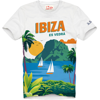 Mc2 Saint Barth Man Cotton T-shirt With Ibiza Postcard In White