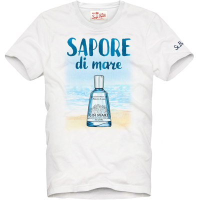 Mc2 Saint Barth Man Cotton T-shirt With Gin Print Gin Mare Special Edition In White