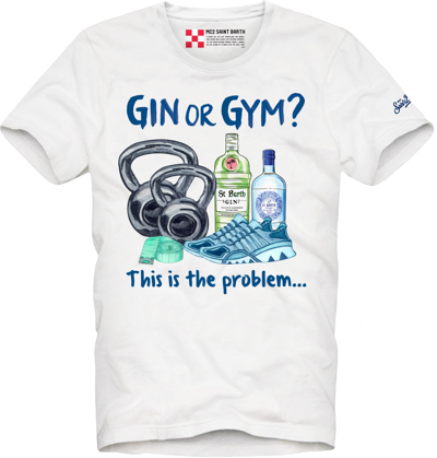 Mc2 Saint Barth Man Cotton T-shirt With Gin Or Gym Print In White