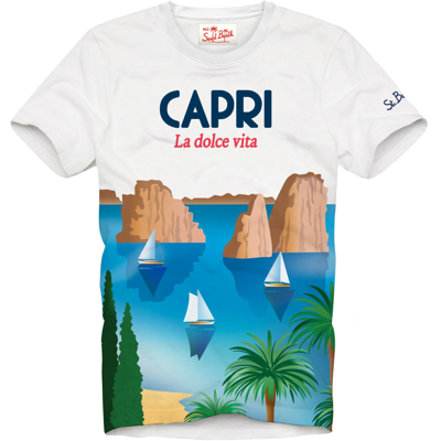 Mc2 Saint Barth Man Cotton T-shirt With Capri Postcard Print In Blue