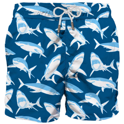 Mc2 Saint Barth Man Classic Swim Shorts Sharks Print In Blue