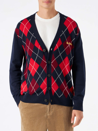 Mc2 Saint Barth Man Cardigan With Argyle Print In Blue