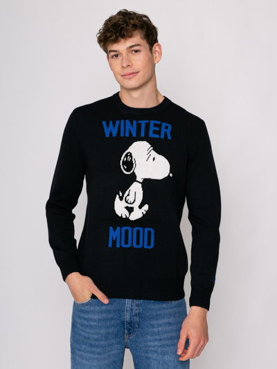Mc2 Saint Barth Man Blue Sweater Winter Mood Snoopy Print - Peanuts Special Edition