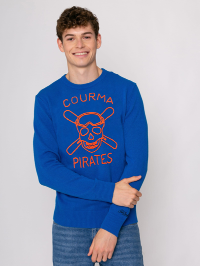 Mc2 Saint Barth Man Blue Sweater Orange Courma Pirates Embroidery