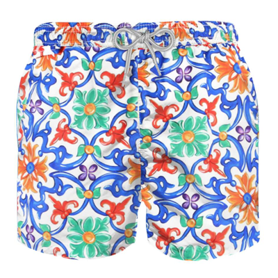 Mc2 Saint Barth Kids' Majolica Print Boy Light Fabric Swim Shorts In Multicolor