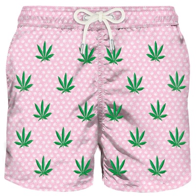Mc2 Saint Barth Light Fabric Man Swim Shorts With Embroidered Leaves In Pink