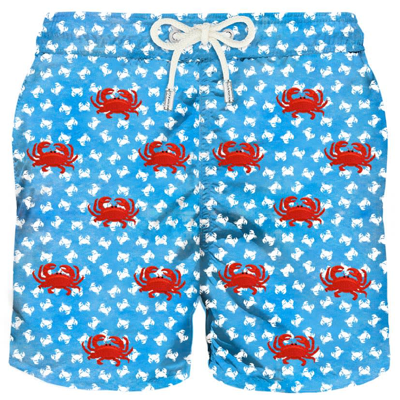 Mc2 Saint Barth Light Fabric Man Swim Shorts With Embroidered Crabs In Blue