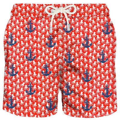 Mc2 Saint Barth Light Fabric Man Swim Shorts With Embroidered Anchors In Red