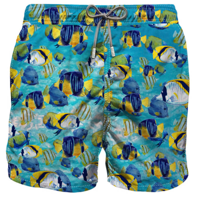 Mc2 Saint Barth Light Fabric Man Swim Shorts Tropical Fish Print In Blue