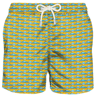 Mc2 Saint Barth Light Fabric Man Swim Shorts Sporty Car Print In Yellow