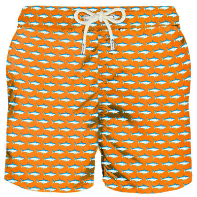 Mc2 Saint Barth Light Fabric Man Swim Shorts Sharks Print In Orange
