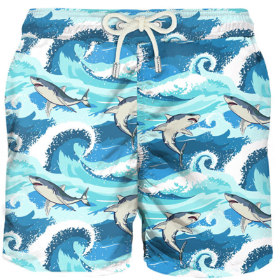 Mc2 Saint Barth Light Fabric Man Swim Shorts Sharks Print In Green