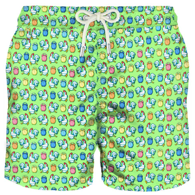 Mc2 Saint Barth Light Fabric Man Swim Shorts Roosters Print In Green