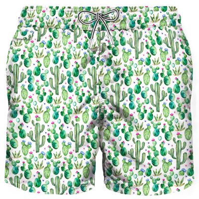 Mc2 Saint Barth Light Fabric Man Swim Shorts Prickly Plant Print In White