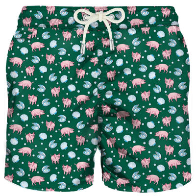 Mc2 Saint Barth Light Fabric Man Swim Shorts Pig And Pearl Print In Green