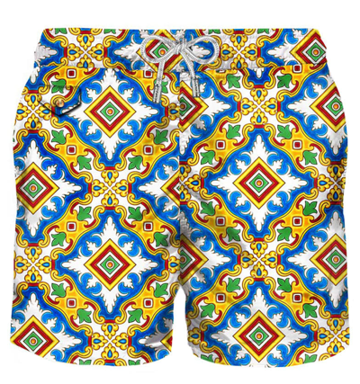 Mc2 Saint Barth Light Fabric Man Swim Shorts Maiolica Print In White