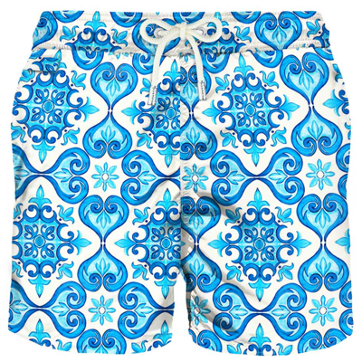 Mc2 Saint Barth Light Fabric Man Swim Shorts Maiolica Print In Blue