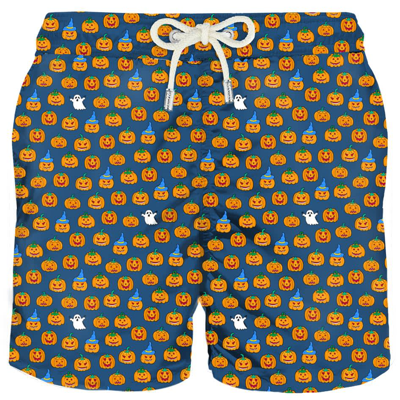 Mc2 Saint Barth Light Fabric Man Swim Shorts Halloween Print In Blue