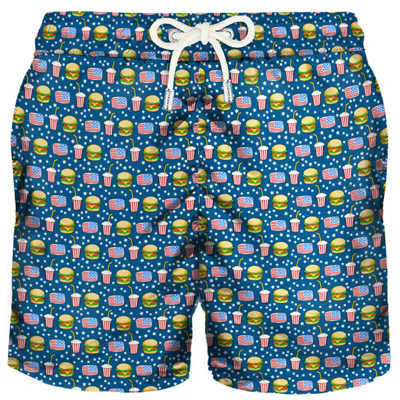 Mc2 Saint Barth Light Fabric Man Swim Shorts Fast Food Print In Blue