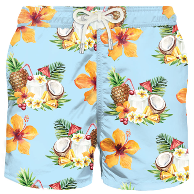 Mc2 Saint Barth Light Fabric Man Swim Shorts Coconut And Pineapple Print In Blue