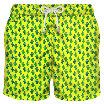 Mc2 Saint Barth Light Fabric Man Swim Shorts Cactus Print In Yellow