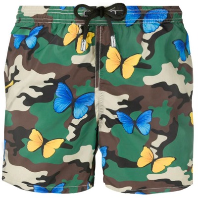 Mc2 Saint Barth Light Fabric Man Swim Shorts Butterfly And Camouflage Print In Green