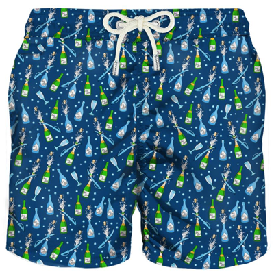 Mc2 Saint Barth Light Fabric Man Swim Shorts Bottles Print In Blue