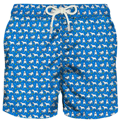 Mc2 Saint Barth Light Fabric Man Swim Shorts Bull Terrier Print In Blue