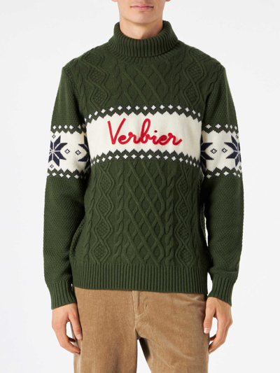 Mc2 Saint Barth Half-turtleneck Sweater With Verbier Lettering In Green