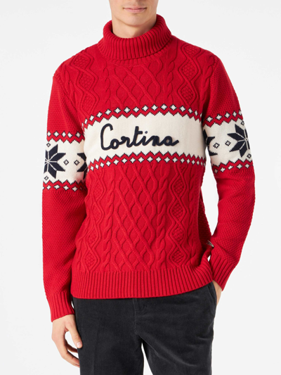 Mc2 Saint Barth Half-turtleneck Sweater With Cortina Lettering In Red