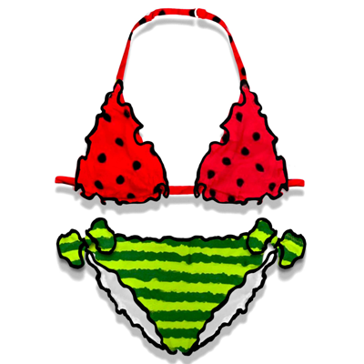 Mc2 Saint Barth Kids' Girl Triangle Bikini With Watermelon Print In Red