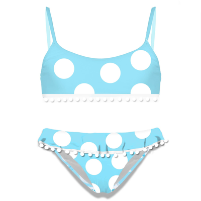 Mc2 Saint Barth Kids' Girl Bralette Bikini With Pompon And Ruffles In Blue