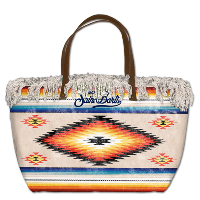 Mc2 Saint Barth Fringed Canvas Bag With Navajo Print In Brown