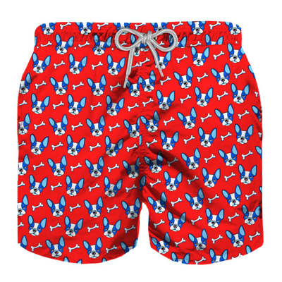Mc2 Saint Barth Kids' French Bulldog Print Boy Light Fabric Swim Shorts In Red