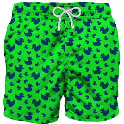 Mc2 Saint Barth Floked Duckies Print On Fluo Green Background Swim Shorts