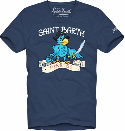 Mc2 Saint Barth Kids' Boy Cotton T-shirt With Parrot Print In Blue