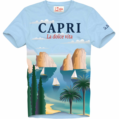 Mc2 Saint Barth Kids' Boy Cotton T-shirt With Capri Postcard Print In Blue