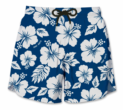 Mc2 Saint Barth Blue Swim Short Mid-lenght With White Flower Print