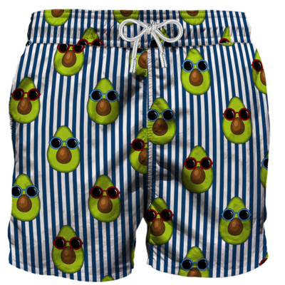 Mc2 Saint Barth Blue Striped Mid-length Swim Shorts Avocado Print