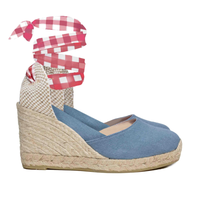 Mc2 Saint Barth Blu Print Canvas Espadrillas With Hight Wedge And Ankle Lace In Blue